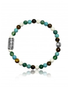 Bracelet 6 mm Turquoise / Agate Verte / Howlite / Oeil de Tigre et Talisman de Prospérité