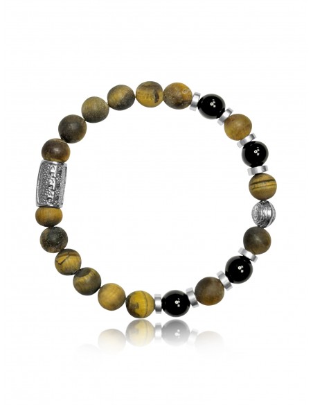 Bracelet Oeil de Tigre Mat  / Agate Noire et Talisman de Prospérité
