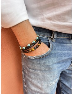Bracelet Cuir Tressé et Pierres Oeil de Tigre, Turquoise, Hematite 6mm 2
