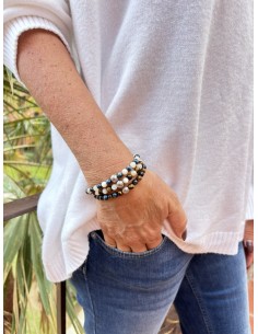 Bracelet 6 mm  Nacre / Oeil de Tigre Bleu et Talisman de Prospérité 2