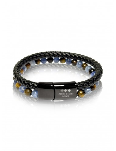 Bracelet Cuir Tressé / Oeil de Tigre / Cyanite (6mm)