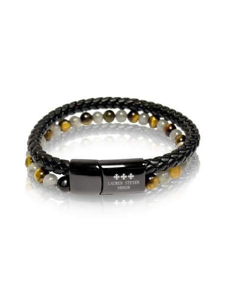 Bracelet Cuir Tressé / Oeil de Tigre / Labradorite (6mm)