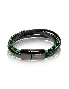 Bracelet Double Cuir Tressé / Oeil de Tigre Vert / Agate Noire (6mm)