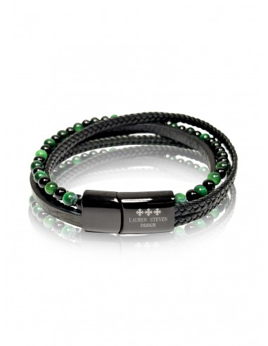 Bracelet Double Cuir Tressé / Oeil de Tigre Vert / Agate Noire (6mm)