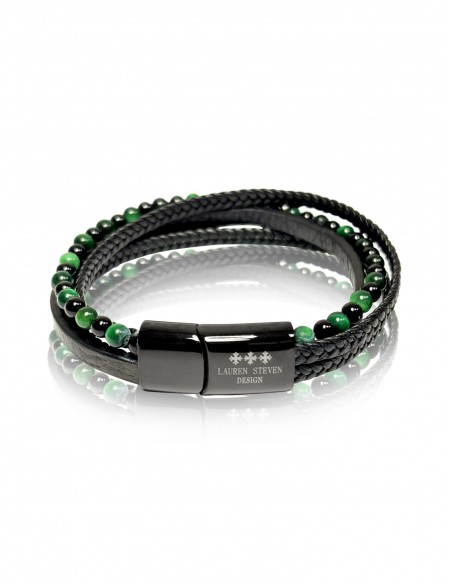 Bracelet Double Cuir Tressé / Oeil de Tigre Vert / Agate Noire (6mm)