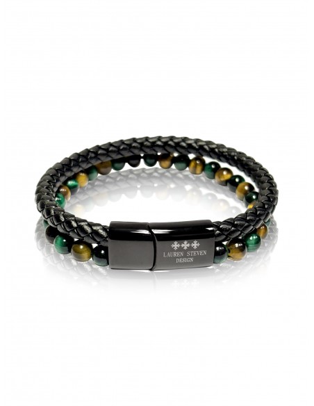Bracelet Cuir Tressé / Oeil de Tigre / Oeil de Tigre Vert (6mm)