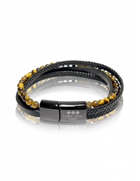 Bracelet Double Cuir Tressé / Oeil de Tigre (6mm)