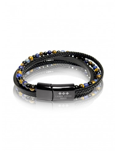 Bracelet Double Cuir Tressé / Agate Noire / Oeil de Tigre / Lapis Lazuli (6mm)