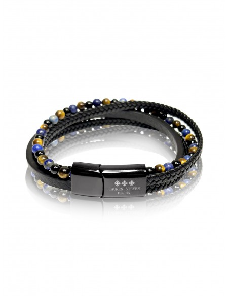 Bracelet Double Cuir Tressé / Agate Noire / Oeil de Tigre / Lapis Lazuli (6mm)