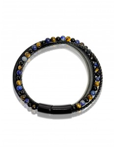 Bracelet Double Cuir Tressé / Agate Noire / Oeil de Tigre / Lapis Lazuli (6mm) 2