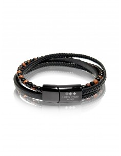 Bracelet Double Cuir Tressé / Agate Noire / Oeil de Tigre Rouge (6mm)