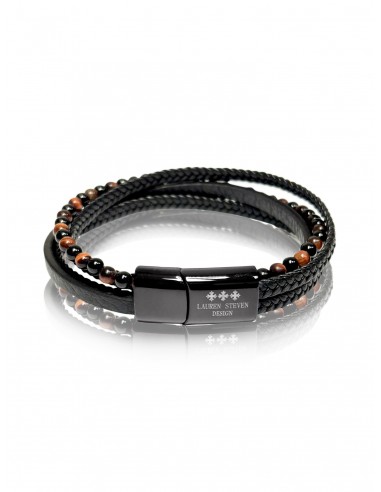 Bracelet Double Cuir Tressé / Agate Noire / Oeil de Tigre Rouge (6mm)