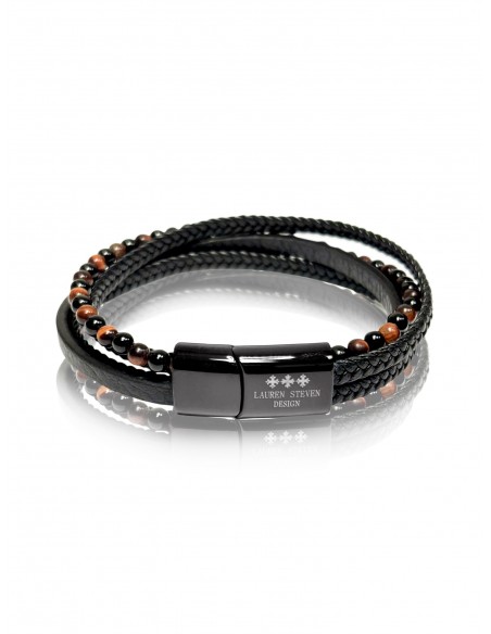 Bracelet Double Cuir Tressé / Agate Noire / Oeil de Tigre Rouge (6mm)
