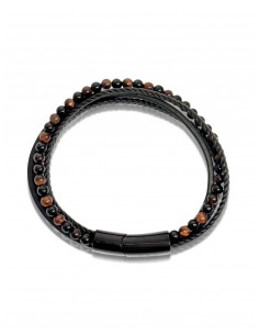 Bracelet Double Cuir Tressé / Agate Noire / Oeil de Tigre Rouge (6mm) 2