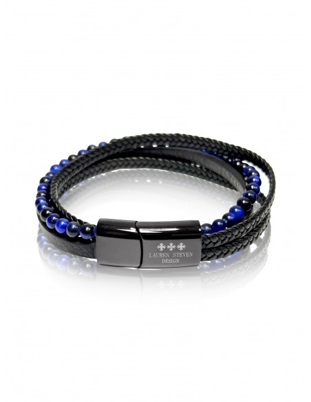 Bracelet Double Cuir Tressé / Oeil de Tigre Bleu (6mm)