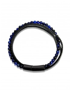 Bracelet Double Cuir Tressé / Oeil de Tigre Bleu (6mm) 2
