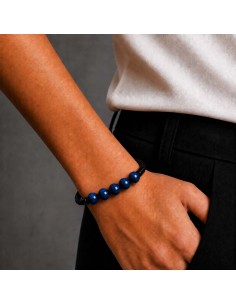 Cuir Tressé et pierres Oeil de Tigre Bleu 8mm 2
