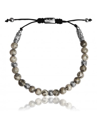 Bracelet Ajustable Shamballa Larvikite Grise et Argent