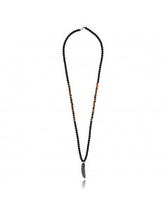 Collier Onyx Noir Mat / Oeil de tigre 6 mm / Pendentif Plume Zircon