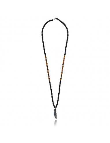 Collier Onyx Noir Mat / Oeil de tigre 6 mm / Pendentif Plume Zircon