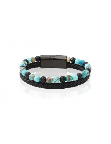 Bracelet Cuir Tressé et Pierres Agate Noire, Turquoise, Jaspe de mer 6mm