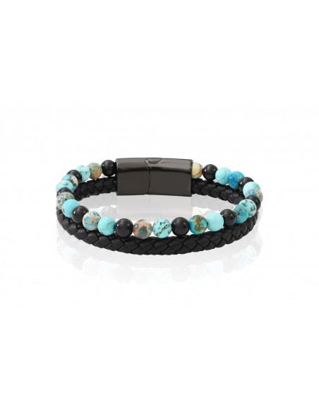 Bracelet Cuir Tressé et Pierres Agate Noire, Turquoise, Jaspe de mer 6mm