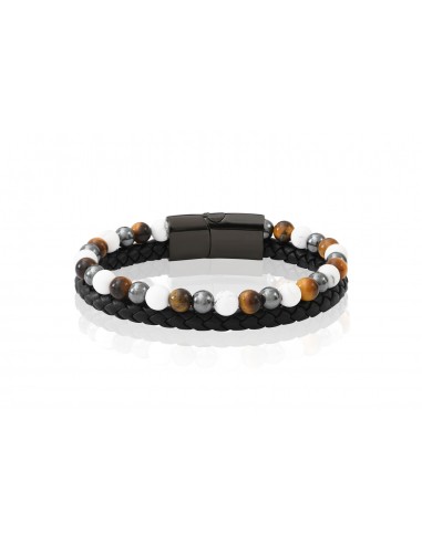 Bracelet Cuir Tressé et Pierres Oeil de Tigre, Howlite,  Hematite 6mm